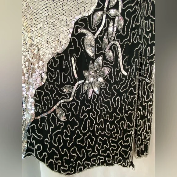 Jean for Joseph Le Bon 100% Silk Sequined Silver & Black Long Sleeve Top Medium - Picture 3 of 9